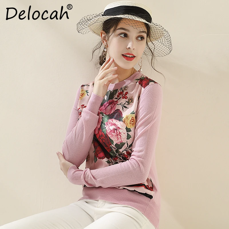 Delocah модель последних модных показов; осень-зима Вязание свитера Для женщин с длинным рукавом Цветочный, отпечатанный, винтажный розовый шерсть пуловеры; свитеры