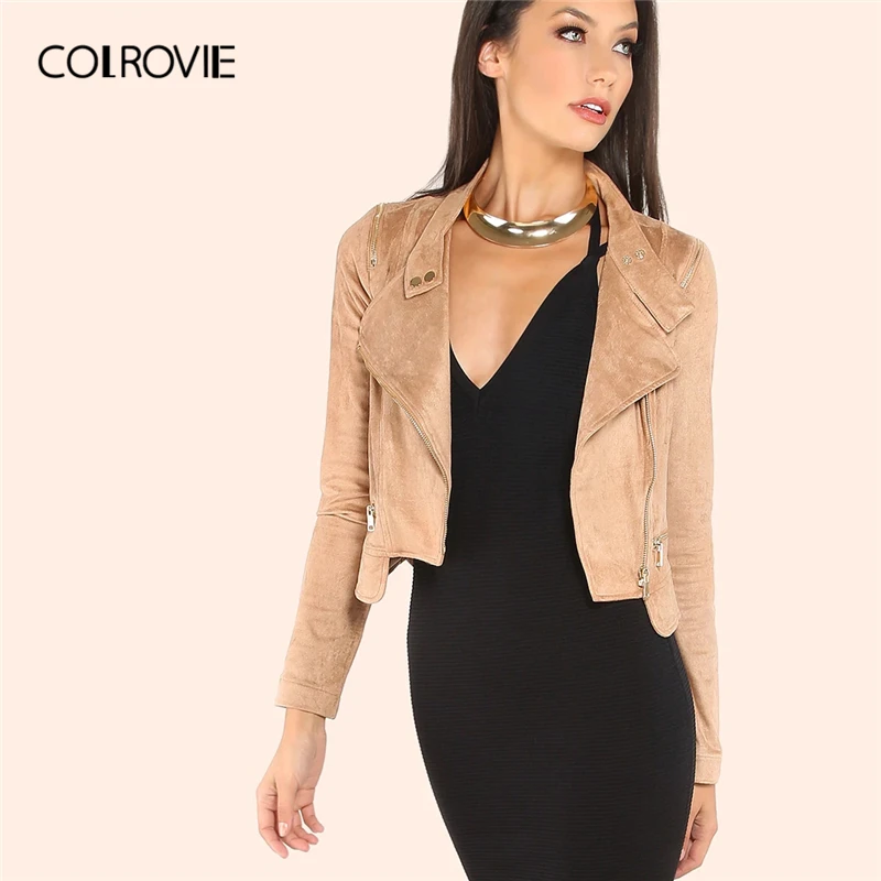 

COLROVIE Camel Suede Moto Jacket Women 2019 Fashion Autumn Streetwear Ladies Zipper Crop Biker Jackets Solid Casual Outerwear