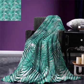 

Leaf Throw Blanket Fresh Tropical Exotic Island Palm Tree Leaves in Jungle Abstract Watercolor Blanket for Bed Couch Light Blue