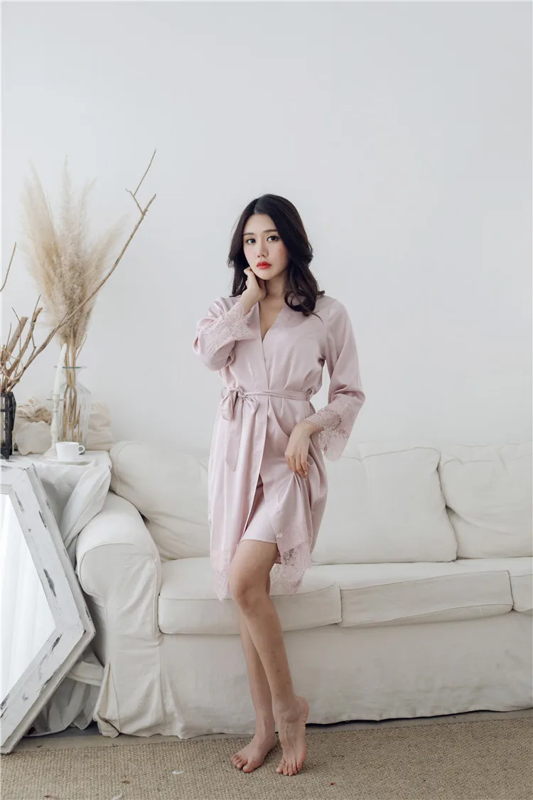 Кимоно купальные халаты розовый мини ремень и халат 2 шт. спальный костюм ночная рубашка однотонная женская кружевная сексуальная глубокий v-образный вырез набор халатов M-XL