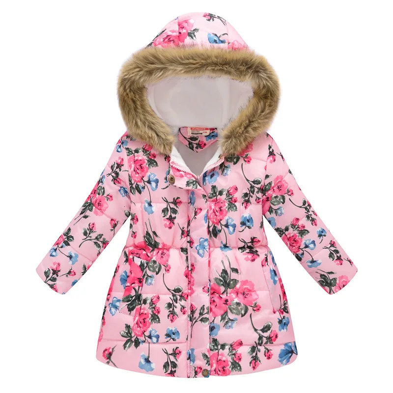 Зимние теплые куртки для девочек, 36 цветов детская модная плотная верхняя одежда с принтом Одежда для детей осеннее пальто с капюшоном для маленьких девочек, YJ137 - Цвет: 35-Flower