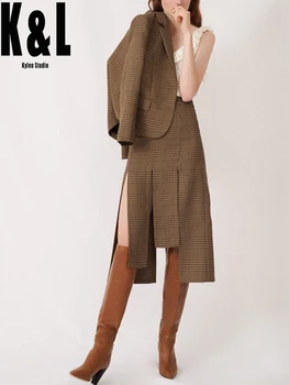 

French vintage high waist plaid stitching split skirt women's 2020 autumn and winter new thin bag hip skirt MJ