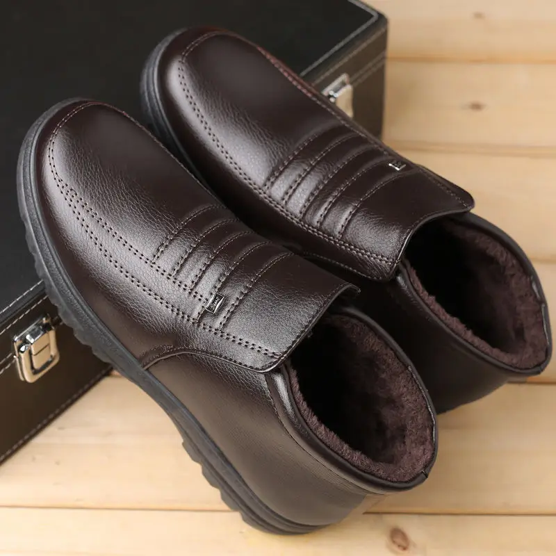 Winter Waterproof Men's Casual Leather Shoes Flannel High Top Slip-on Male Casual Shoes Rubber Warm Winter for Mens
