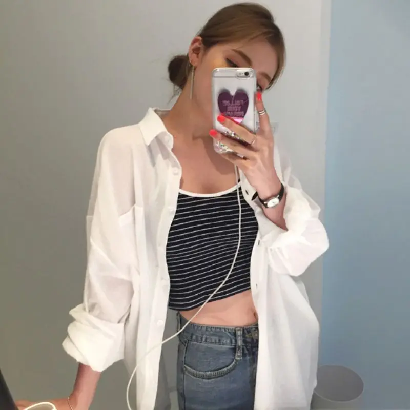 

Women White Blouses Spring Summer Long Sleeve Sunscreen Shirt Women's Slim Clothing Thin Perspective Tops with Pockets