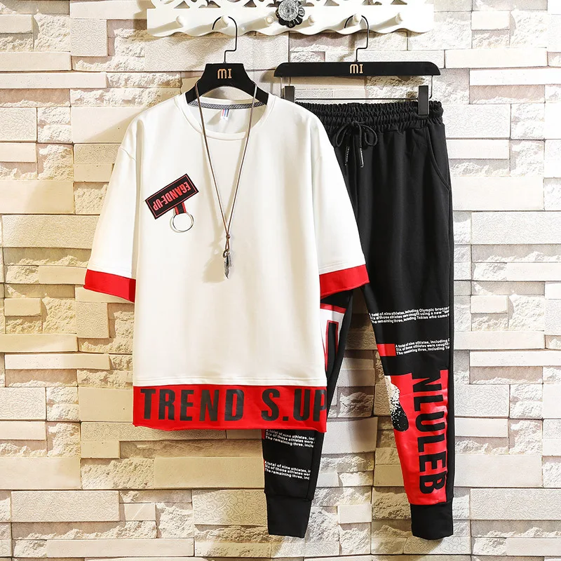 

Men Short Sleeve T-shirt Suit 2019 Summer New Style Teenager Versatile Sports Fashion Casual Two Pieces Men'S Wear Fashion