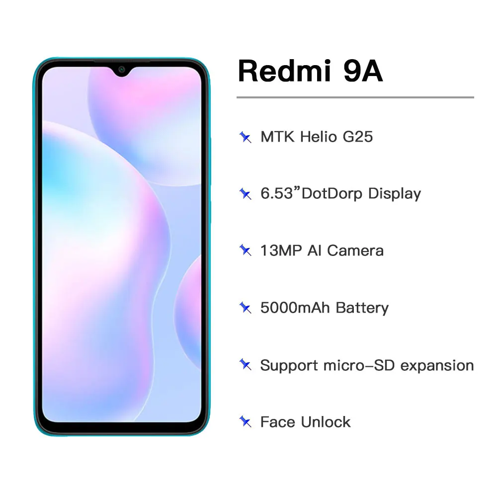 US $123.75 Global Version Xiaomi Redmi 9A Mobile Phone 2GB RAM 32GB ROM MTK Helio G25 Octa Core 653 5000mAh 13MP Camera Smartphone