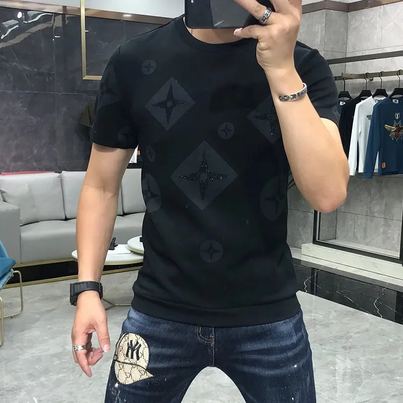 T-Shirt Men Rhinestone Pink Large Size 4XL Spring Personalized Trend High  Quality Short Sleeve Round Neck Tees New 2021 Male Top