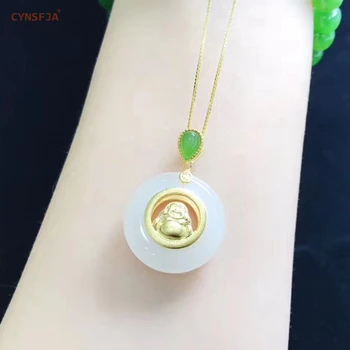 

CYNSFJA New Real Certified Natural Hetian Jade 925 Sterling Silver Amulets Peace Buckle Buddha Pendant High Quality Best Gifts