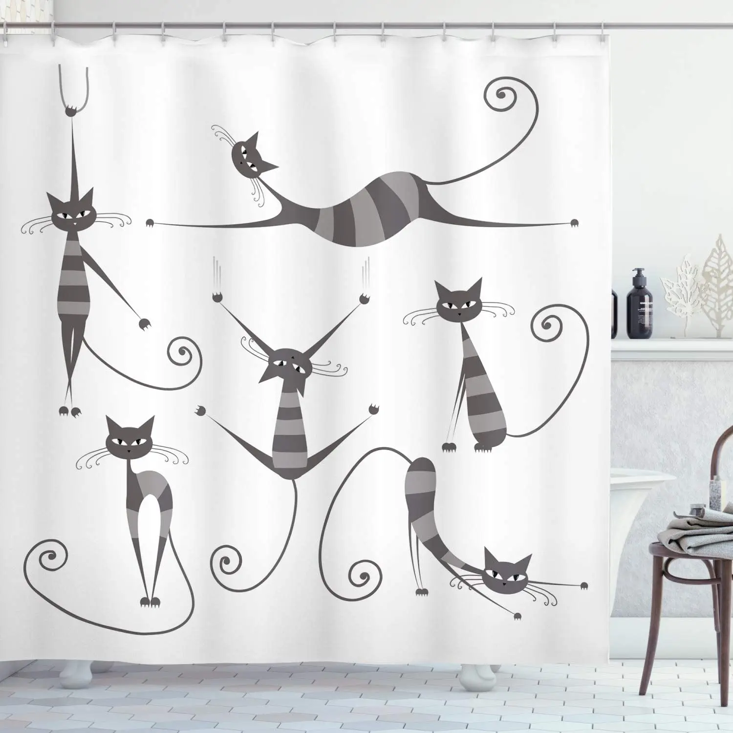Dimgray Cat Shower Curtain Furry Skinny Striped Cats Several Funny Body