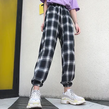 

HOUZHOU Korean Style Plaid Pants Women Korean High Waist Pants for Women Summer Sweatpants Women Ankle-Length Straight Pants
