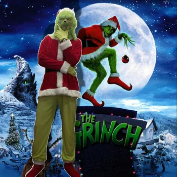 

The Grinch Mask Cosplay Costumes How The Grinch Stole Christmas Costume Adult Men Christmas Props with Green Hair for Women Kids