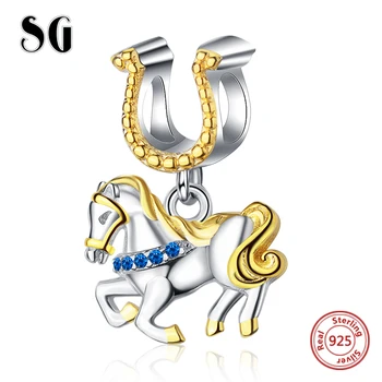 

SG A yellow running Horse Dangle Charm 925 Sterling Silver Animal charm Beads fit for DIY Charms Bracelets for women gifts