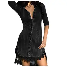 Женское джинсовое сексуальное платье на пуговицах, Дамское кружевное джинсовое платье, Длинные рубашки, женское летнее сексуальное Клубное платье#4A08