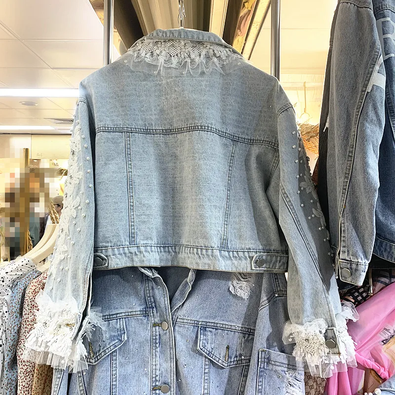 Новое Осеннее газовое кружевное джинсовое пальто с крупным бисером, короткое пальто с вышивкой и бриллиантами, женская короткая джинсовая куртка