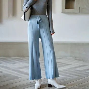 

LANMREM 2020 New Solid Color Ladies Knit Wide Leg Trousers Spring Korean Women's Loose High Waist Pants PB783