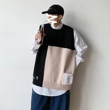 Зимний свитер жилет Мужская мода контрастная прошивка Повседневный вязаный пуловер с круглым вырезом уличный хип хоп свободный свитер без рукавов