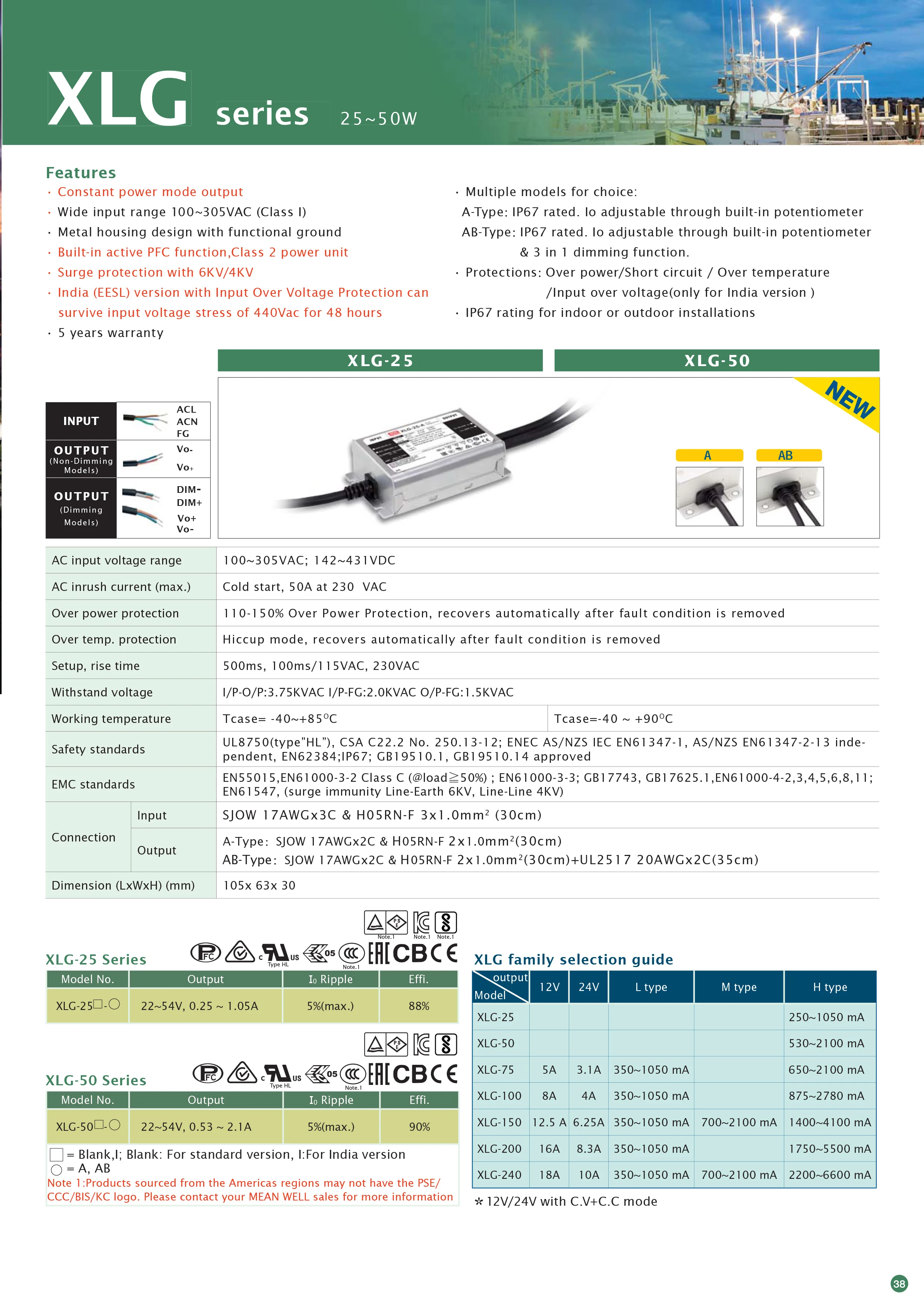 MEANWELL XLG-50-AB 50 Вт 1A 57 вольт Постоянный режим питания переменного тока/постоянного тока светодиодный драйвер Встроенный активный PFC Функция