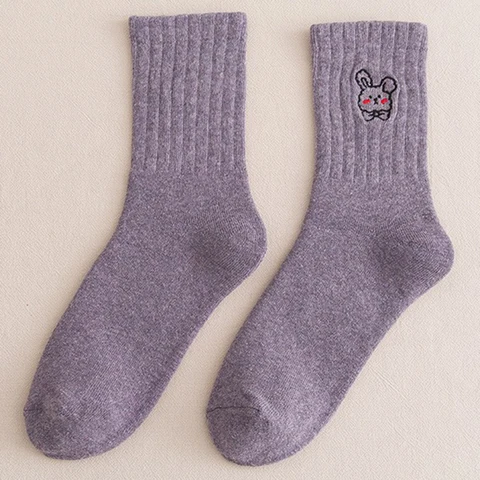 Rabbit Printed Crew Socks Women Lolita Harajuku Thick Winter Warm Floor Plush Socks Japanese Fashion Cartoon Funny Sock
