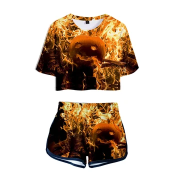 

Halloween 3D Printed Women Two Piece Set Casual Summer Crop Top+Shorts 2019 Hot Sale Trendy Streetwear Clothes
