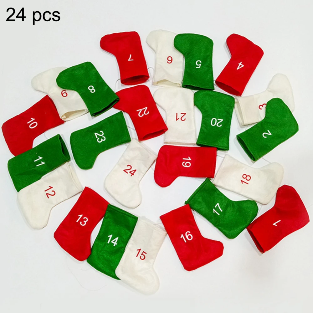 24 носочки рождественские чулки подарки ткань с Санта-Клаусом и оленем носки Рождественский милый мешок для подарков для детей камин елка