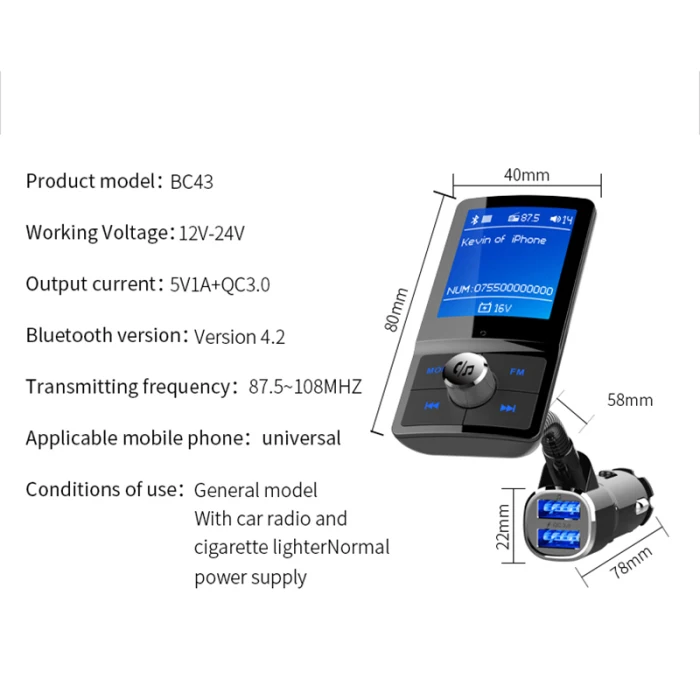 Bluetooth 4,2 fm-передатчик Handsfree автомобильный mp3-плеер QC3.0 USB зарядное устройство Hi 888