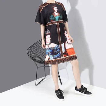 New 2020 Korean Style Women Summer Black Dress Printed Ladies Plus Size Casual Straight Midi Dress Cute Wear Robe Femme 6001 8