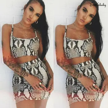 

2pcs Sexy Women Mini Skirt Set Clubwear Casual Bodycon Dress Summer Sleeveless camisole with snake print skinny skirt