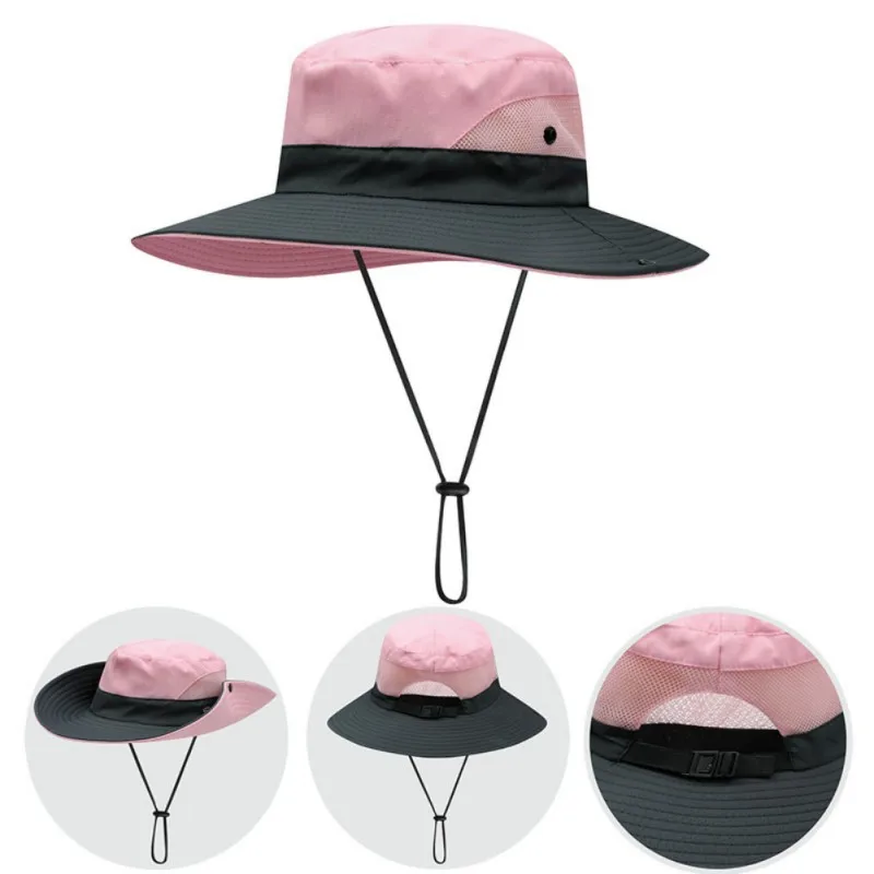 

Women Quick Drying Breathable Sunshade UV Protection Wide Brim Ponytail Cap With Chain Strap for Outdoor Hiking Bucket Hat //