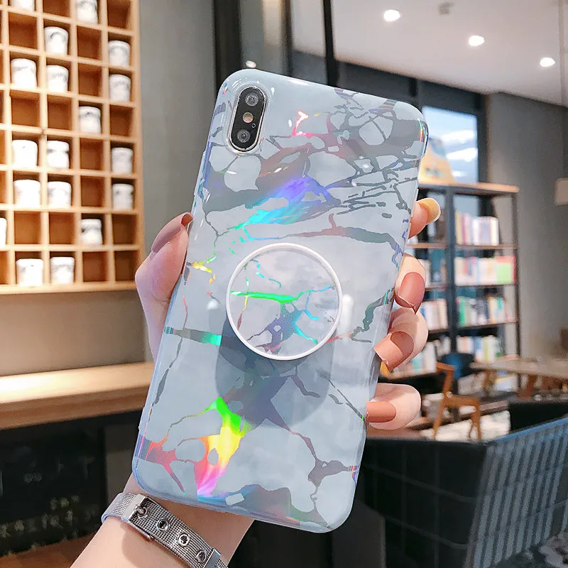 3 Модный ТПУ силиконовый глянцевый мраморный лазерный чехол для Iphone 11 XS Max XR X 7 8 Plus 6 6S Plus с складной держатель чехол - Цвет: 3