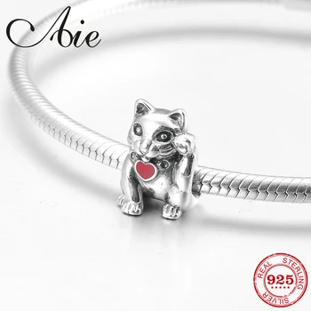 

Lovely fortune Cat 925 Sterling Silver red enamel heart fine beads Fit Original European Charm Bracelet Jewelry making