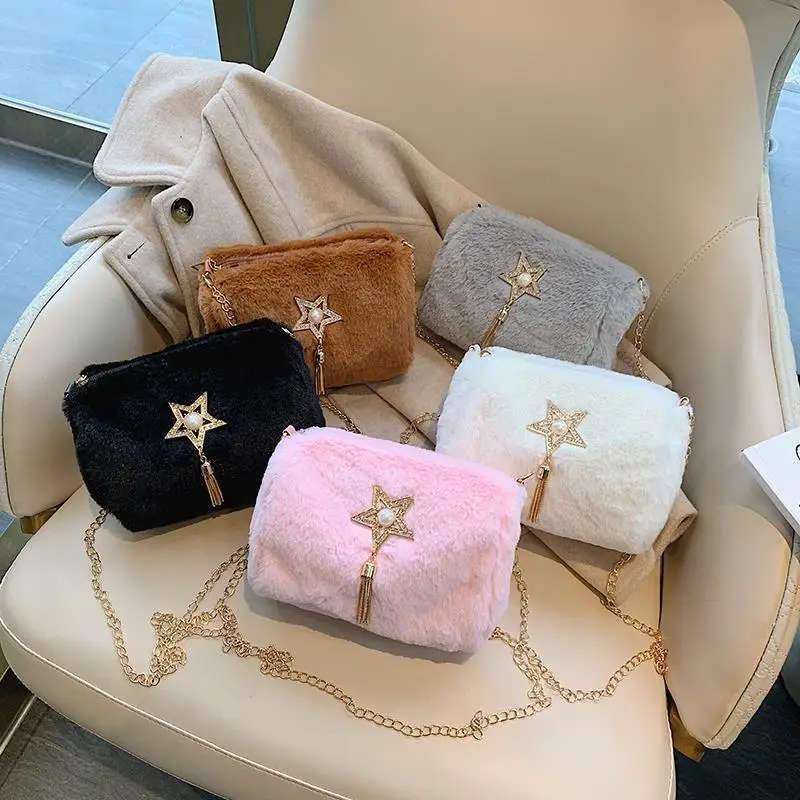 

2019 Autumn And Winter Retro Shoulder Oblique Furry WOMEN'S Bag Chain Solid Color Zipper WOMEN'S Bag Bag Tassels
