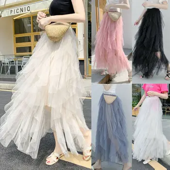 

2020 Fashion Womens Girls Layers Tulle Skirt Long Princess Tutu High Waist Skirts New Ladies Party Elegent Beautiful Skirts