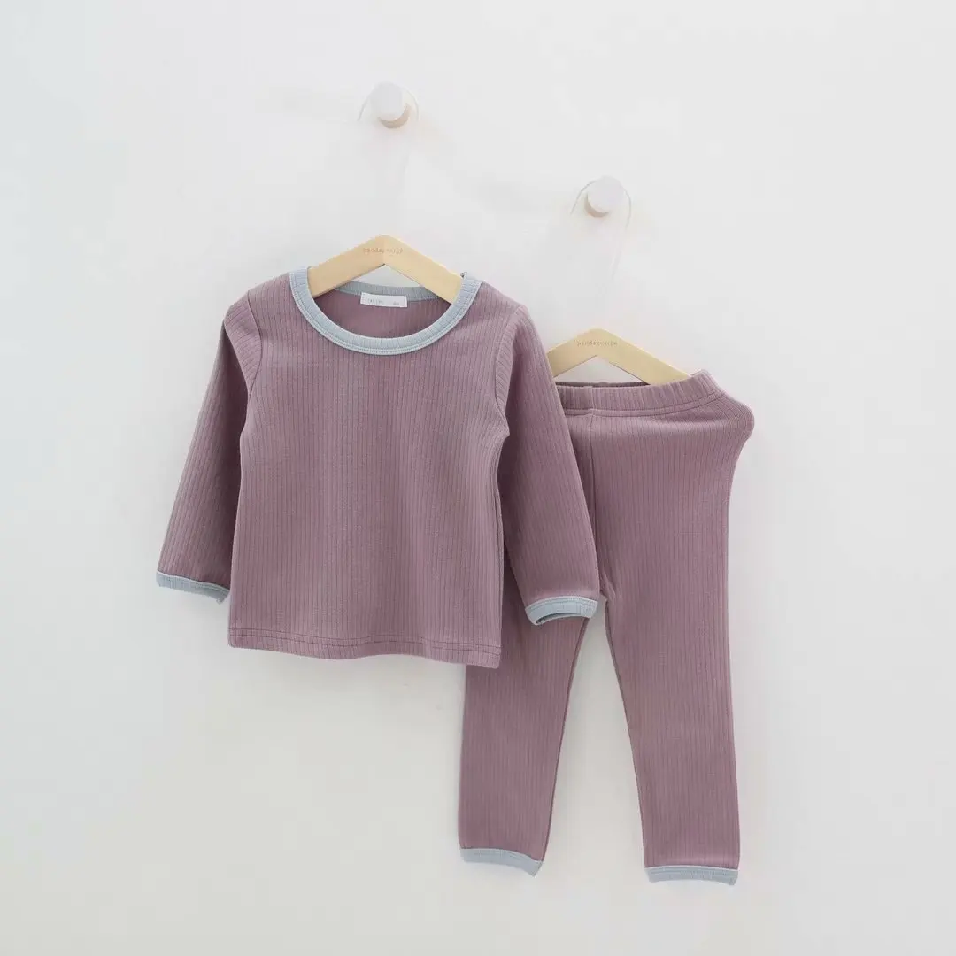 Коллекция года, осенне-зимние детские хлопковые топы в рубчик для девочек+ штаны, комплект из 2 предметов, домашняя одежда пижамы для малышей Трикотажный костюм для маленьких мальчиков - Цвет: Фиолетовый