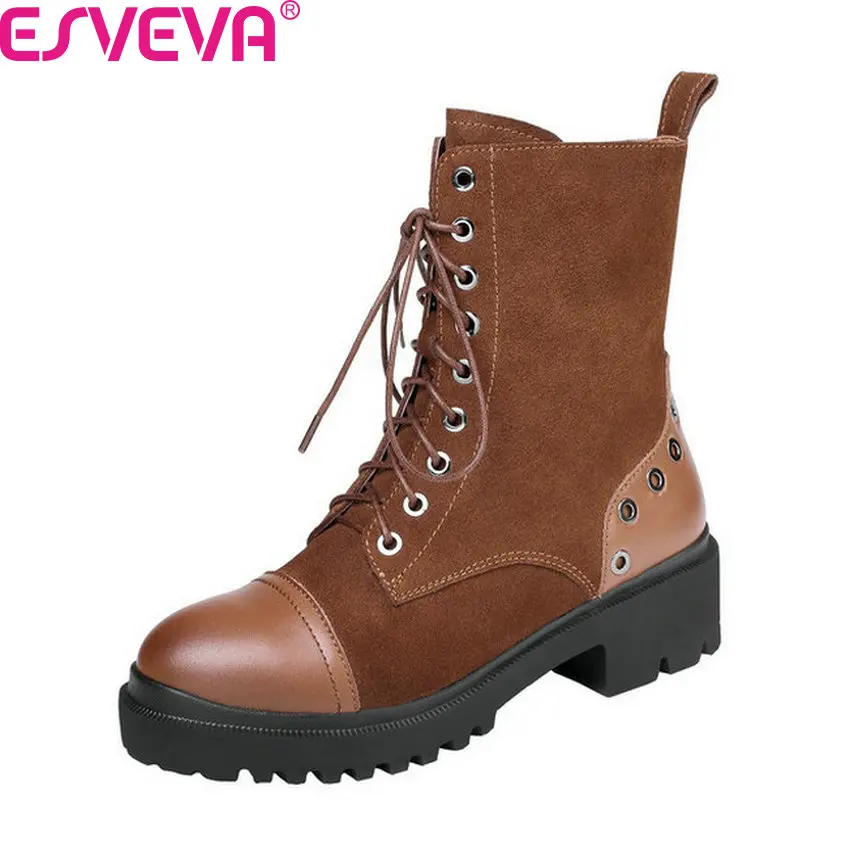 

ESVEVA 2020 Cow Suede Cow Leather Patchwork Mid-Calf Boots Round Toe Middle Heel Lace Up Zipper Antiskid Women Shoes Size 34-40