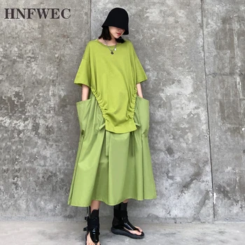 

2020 Spring Summer Women Green Big Pocket Drawstring Big Size Dress New Round Neck Half Sleeve Loose Fit Fashion Tide V811