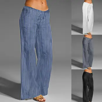 

2020 Celmia Vintage Linen Striped Pants Long Palazzo Women Casual Loose Wide Leg Pants Elastic Waist Trouser Plus Size Pantalon
