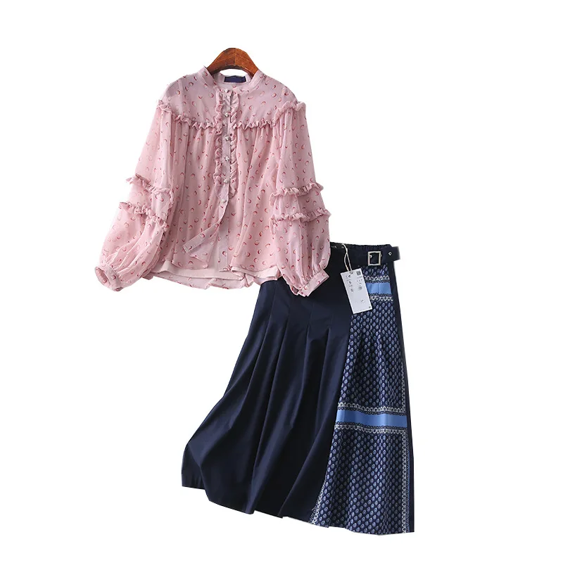 

A Generation of Younger Fashion Frilled Chiffon Shirt Printed Skirt Two-Piece Set Entity