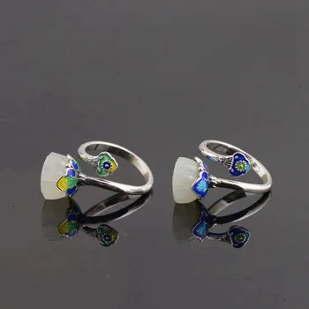 

SNew Sterling Silver Jewelry Handmade Hetian Jade Lotus Vintage Chinese Style Bianhua Female Model Open Gem Ring