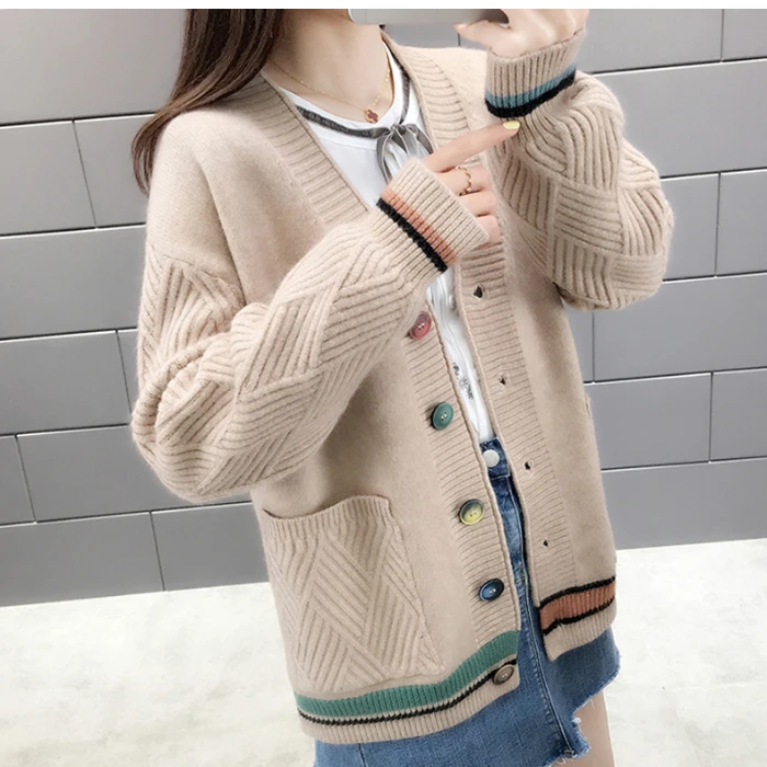 Вязаный женский свитер кардиган 2019 длинный рукав свободный простой однотонный