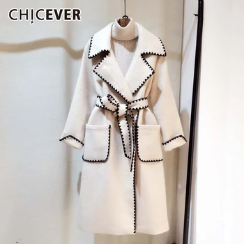 

CHICEVER Korean Elegant Lace Up Women's Wool Coat Lapel Collar Long Sleeve High Waist Bowknot Pocket Female Coats 2020 Autumn