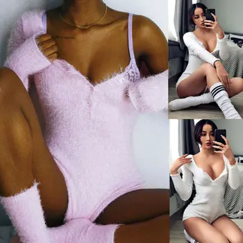 

Fashion New 2019 Skinny Women Bodysuits Knitted V Neck Long Sleeve Ladies Romper Clothes Womens Bodycon Body Suits White Pink