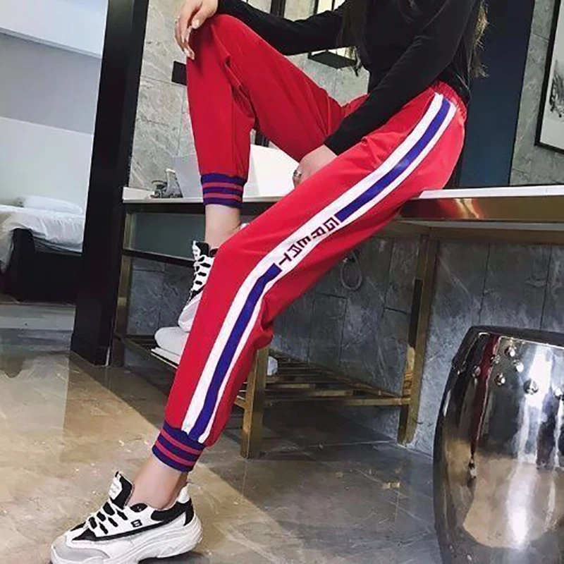 Штаны-шаровары; спортивные брюки; Pantalones Mujer; свободные брюки; ropa mujer; тонкие повседневные женские брюки в полоску с отстрочкой
