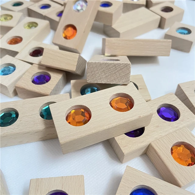 128pcs Wooden Gem Blocks Rainbow Stacking Toys Natural Wood Blocks Kids Creative Game Blocks Educational Toys for Children 5