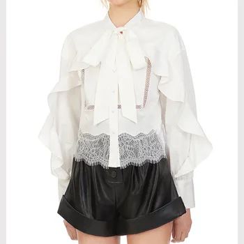 

Bow Tie Collar Women's Shirt Lace Stitching Hollow Out Ruffles Blouse Long Sleeve Female Sweet shirt and Top 2020 New