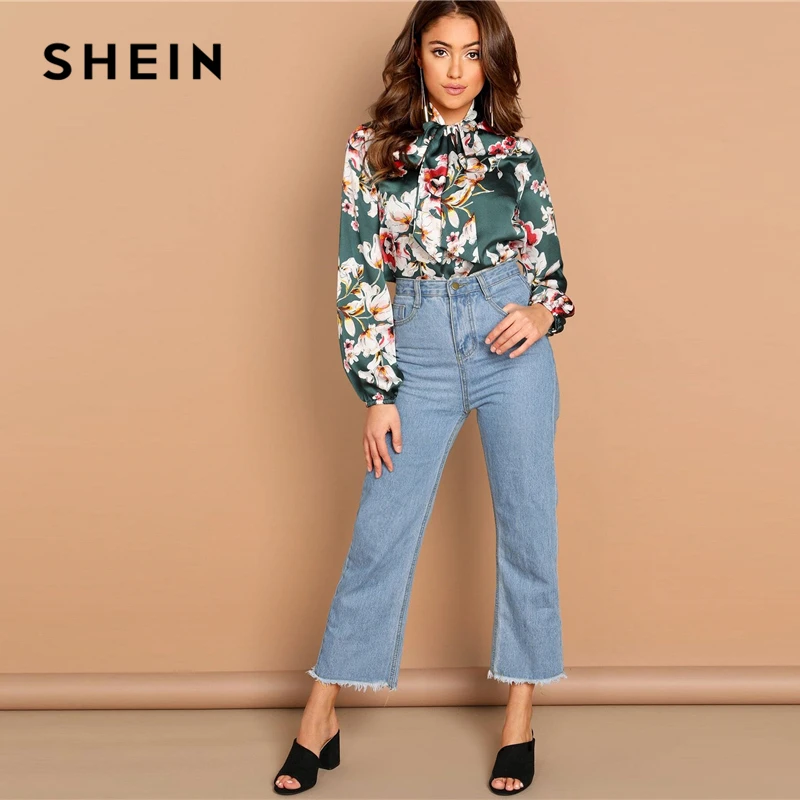 SHEIN Стильный Топ С Цветочным Принтом Женские Осенние Элегантные Блузки С Цветочным Принтом И Длинным Рукавом