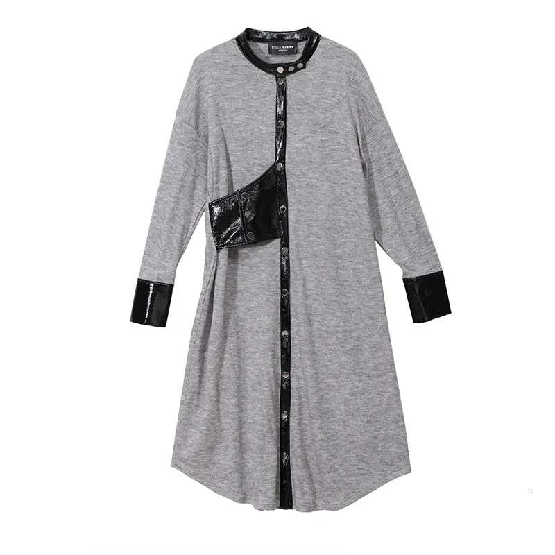 [EAM] женское черное платье-рубашка из искусственной кожи с разрезом, новинка, воротник-стойка, длинный рукав, свободный крой, модный стиль, весна-осень, 1K475 - Цвет: gray