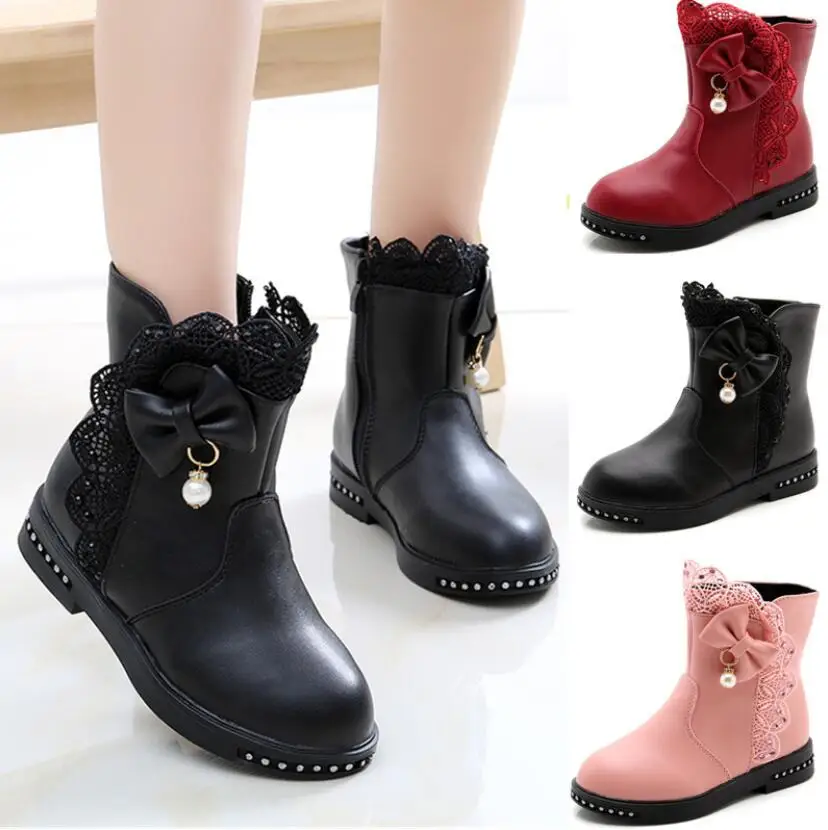 

Children Winter Boots for Girls Rhinestone Bowtie Flower Fashion Plush Boots Princess Flats Dress Shoes Warm Girls Snow Boots