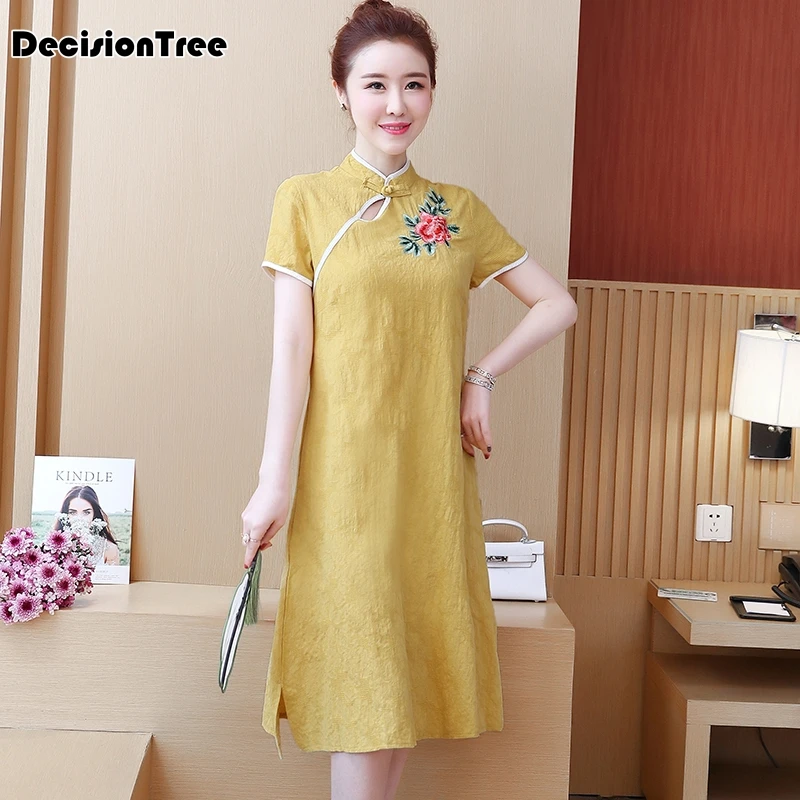 Китайское платье cheongsam qipao vestidos mujer женское хлопковое и льняное платье cheongsam qipao с цветочным принтом китайское традиционное платье