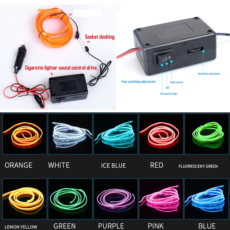 

5m/10m Car Interior Atmosphere Light Strip LED Cold Light Neon EL Wire With Cigarette lighter sound control Decoration Mouldings