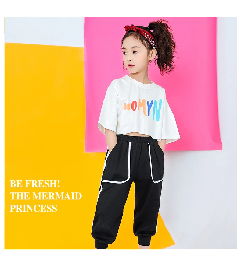 Kids Jazz Dance Costumes Girls Hip Hop Clothing Loose White T Shirt Jogger Black Pants Set Streetwear Stage Perform Clothes (15)